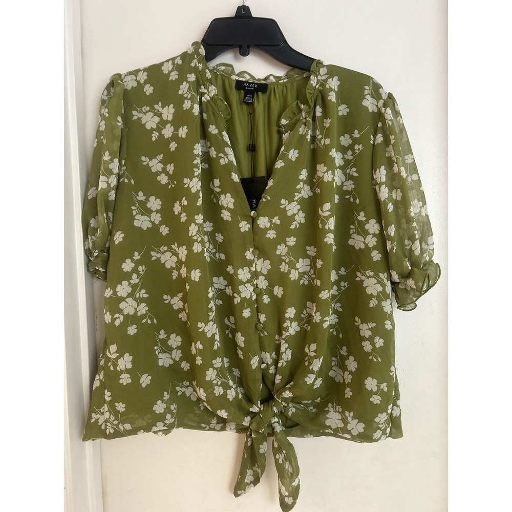 Haver London Women's Green Floral Print Blouse With Sheer Short Sleeves Size XL